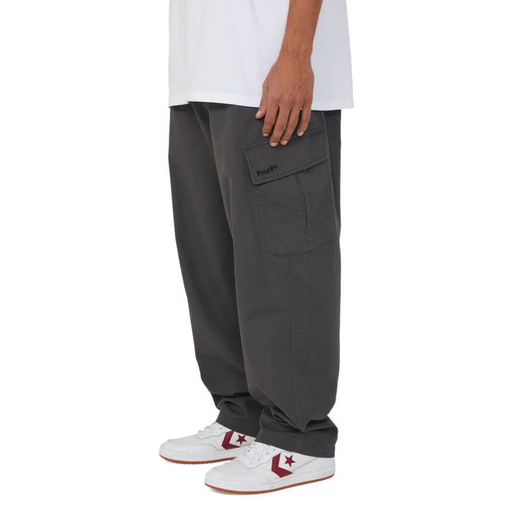 HUF Pretty Baggy Cargos in black cotton with large side pockets and embroidered logo.