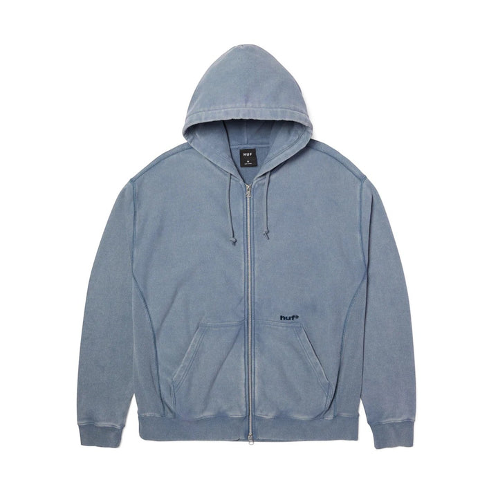 impostor.ro blue washed cotton blend zip-up hoodie with front pocket and hood