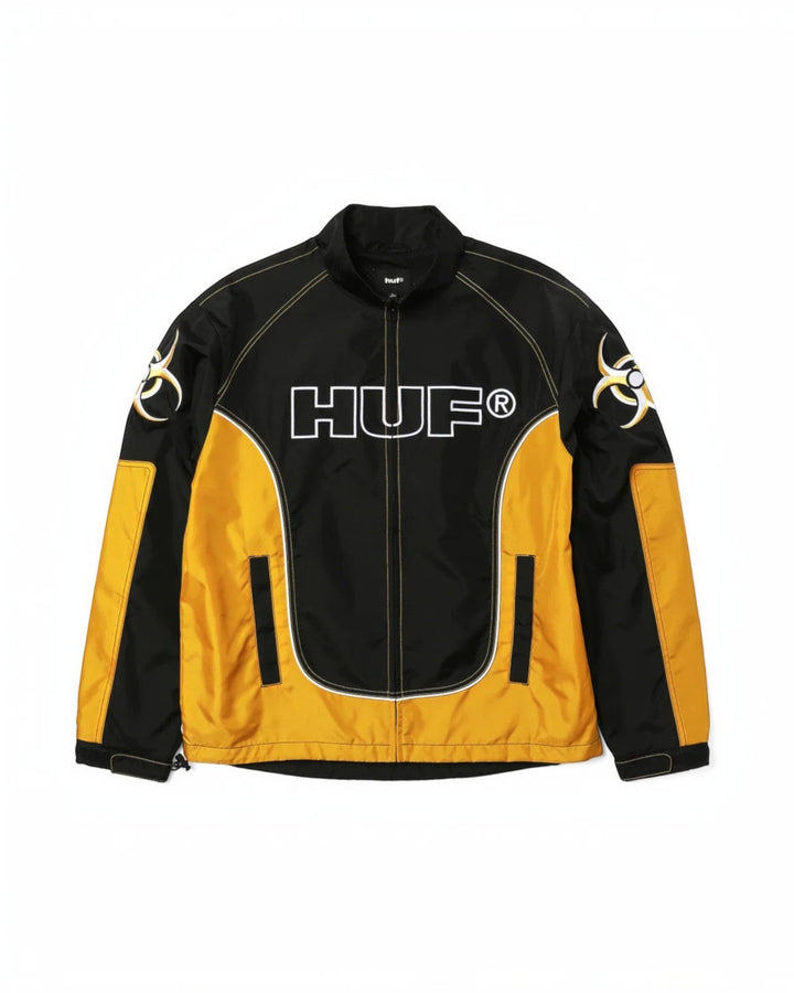 impostor.ro HUF Sector Jacket in black and yellow with biohazard logos on sleeves and large HUF logo on chest.