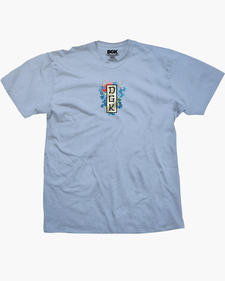 impostor.ro DGK Battle T-Shirt in powder blue with a Japanese-inspired graphic featuring a red sun, blue clouds, and lightning.