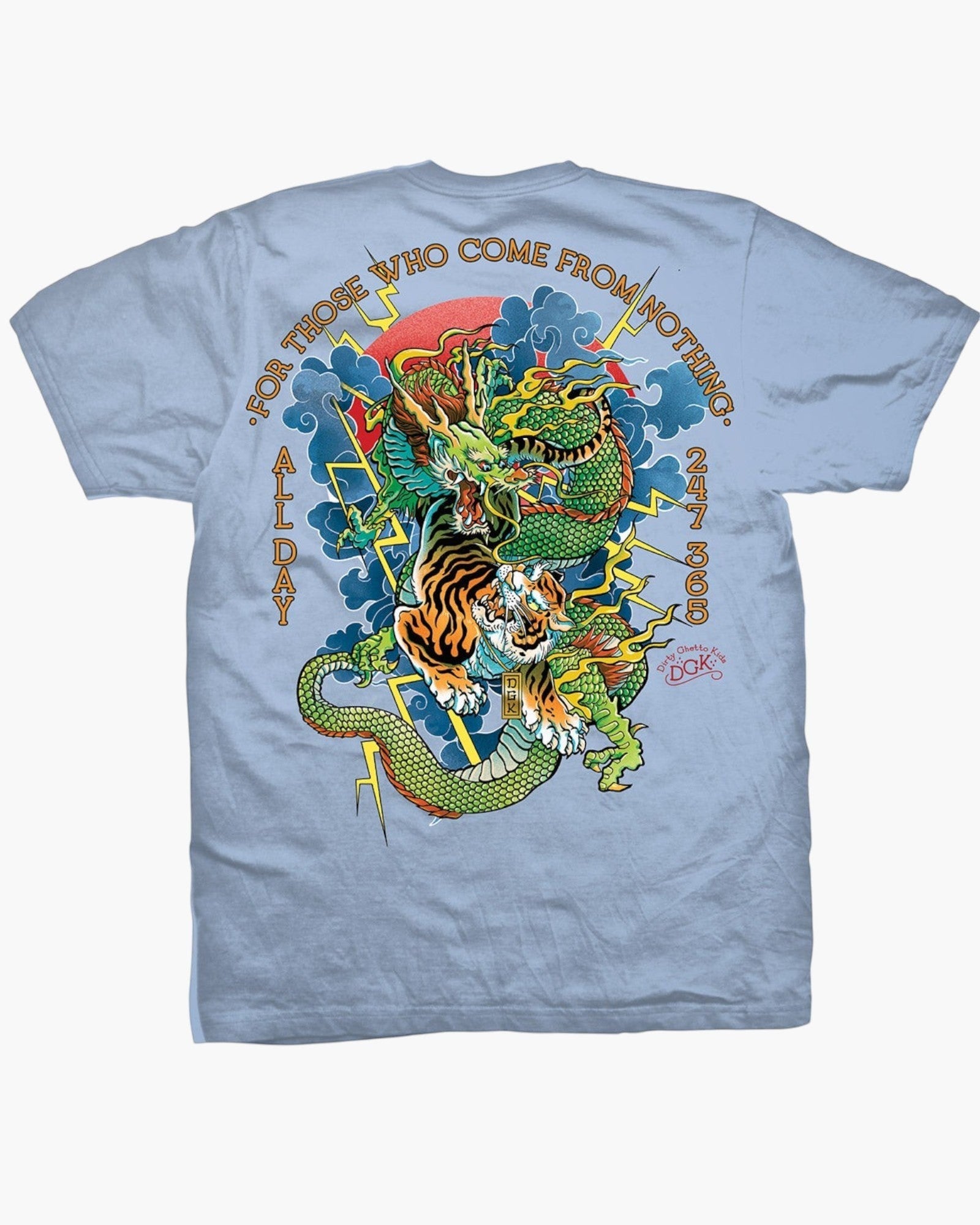 impostor.ro DGK Battle T-Shirt in powder blue, featuring a graphic of a dragon fighting a tiger with lightning and clouds.
