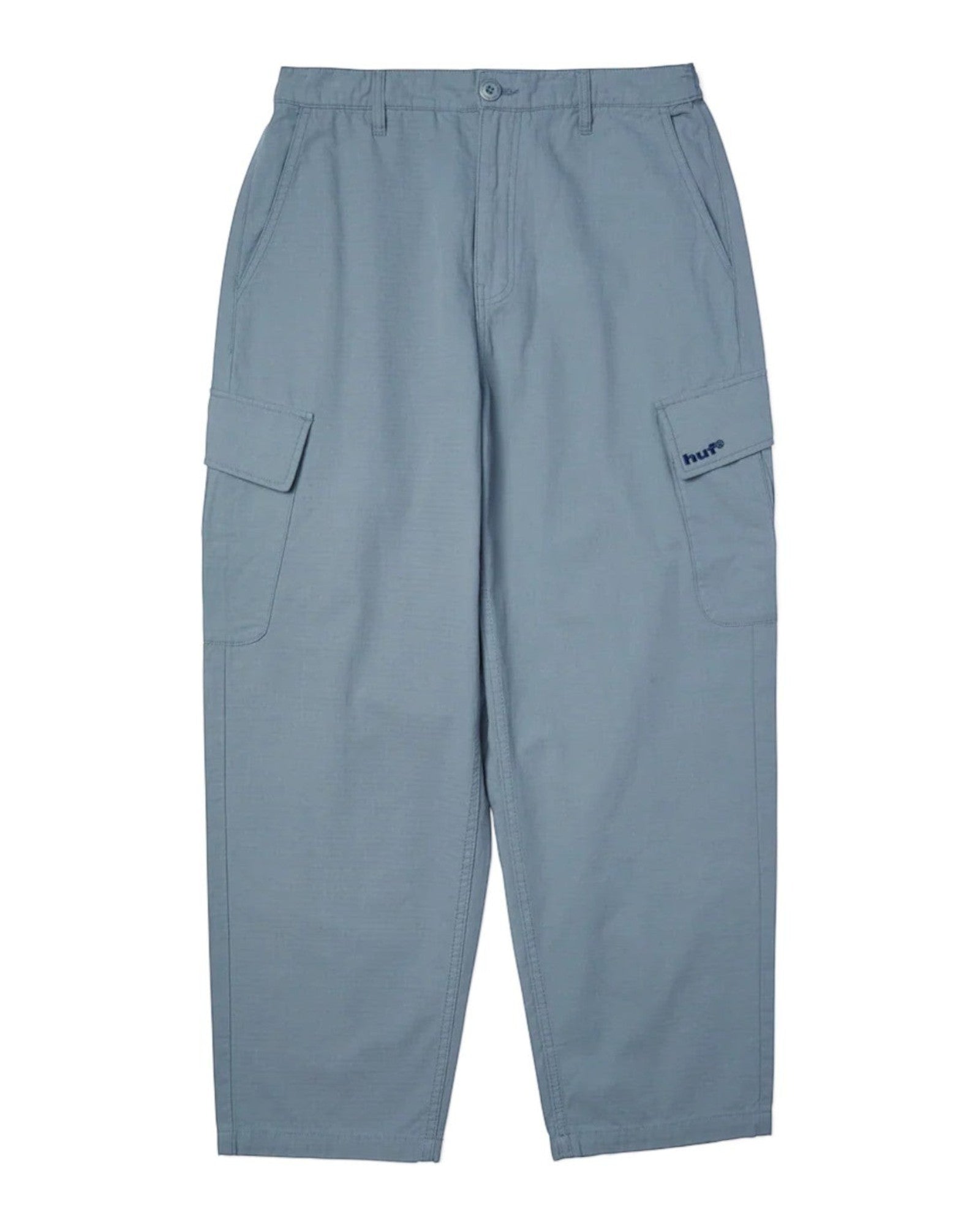 impostor.ro HUF Pretty Baggy Cargos in blue cotton with multiple pockets and embroidered logo.