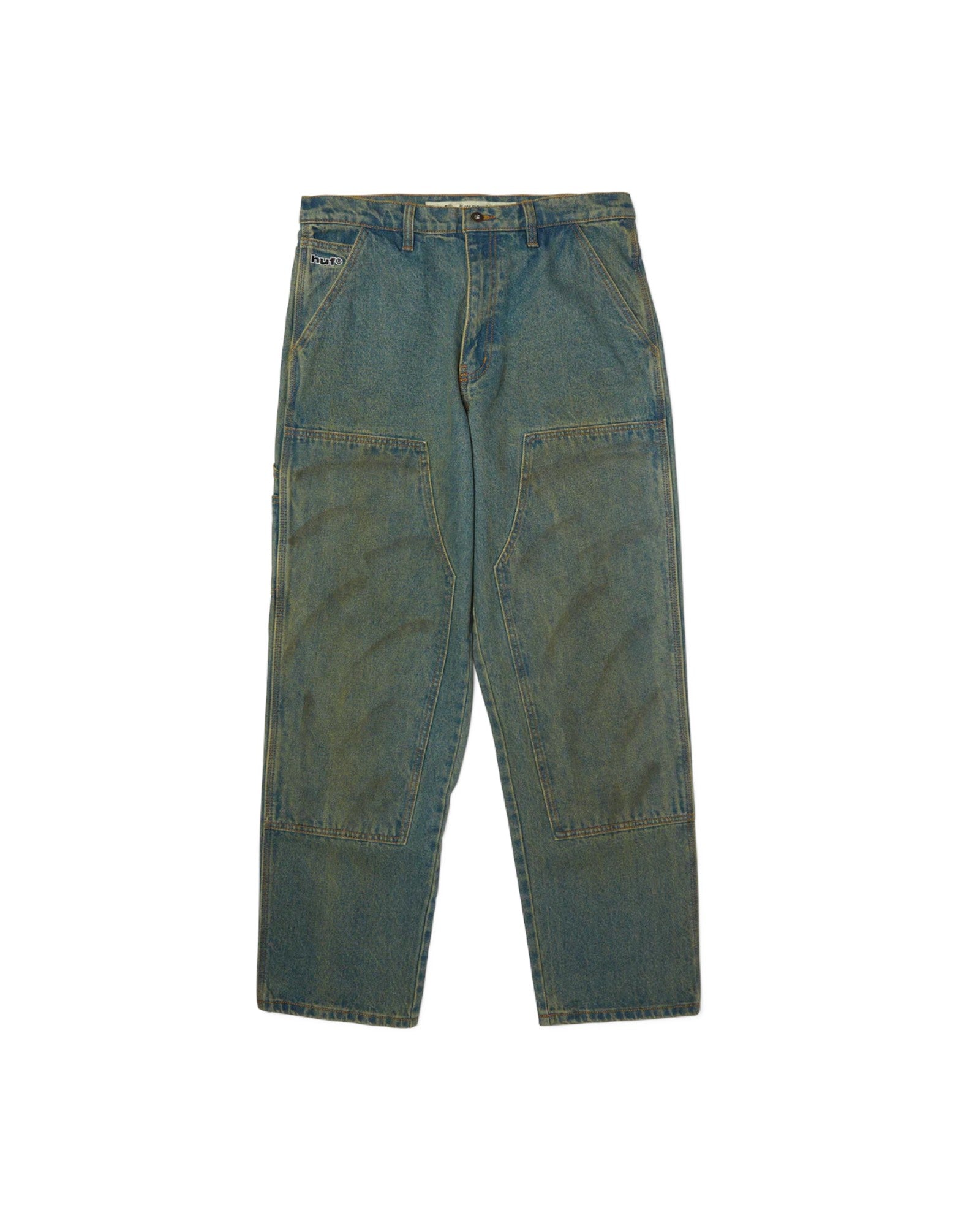 impostor.ro HUF Kinda Loose Double Knees jeans in dirty wash denim with reinforced knees and embroidered logo.