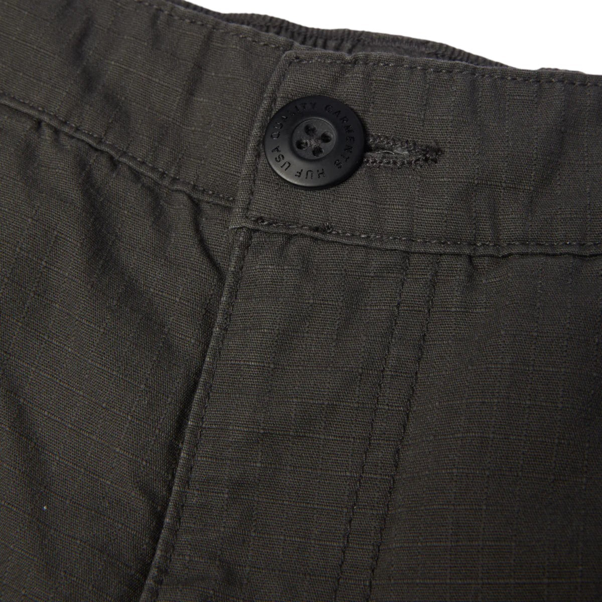 impostor.ro HUF Pretty Baggy Cargos in black, featuring a button closure and textured fabric.