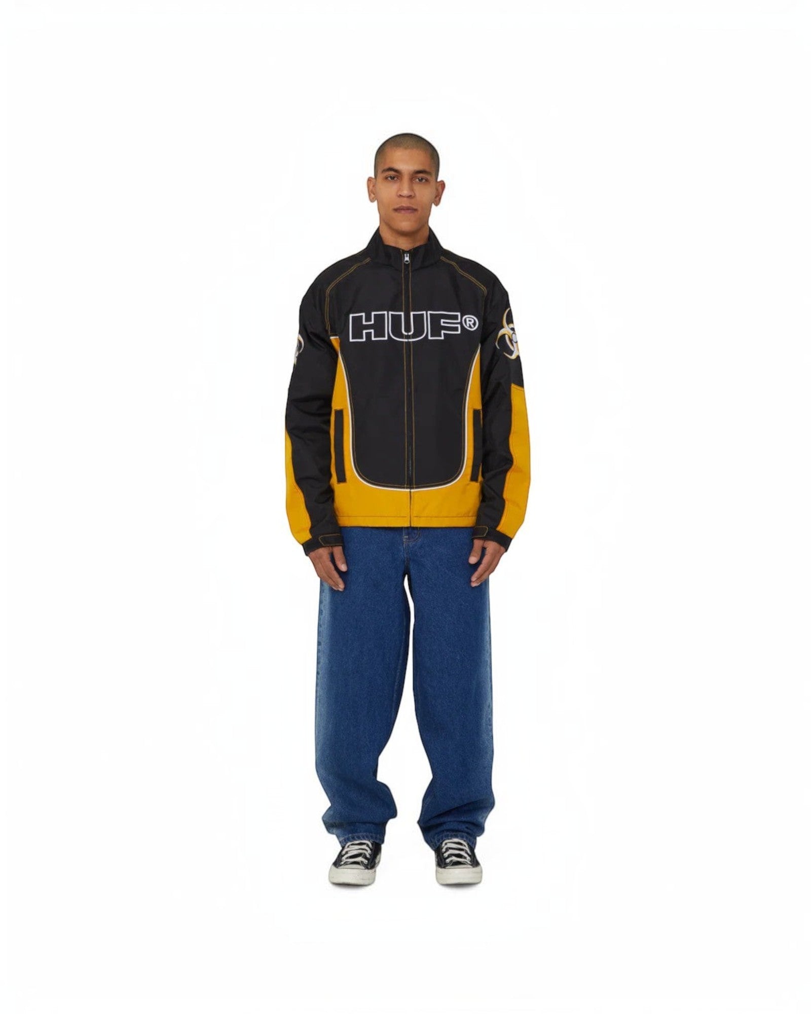 impostor.ro HUF Sector Jacket in black and yellow with white HUF logo and biohazard graphic on sleeve.