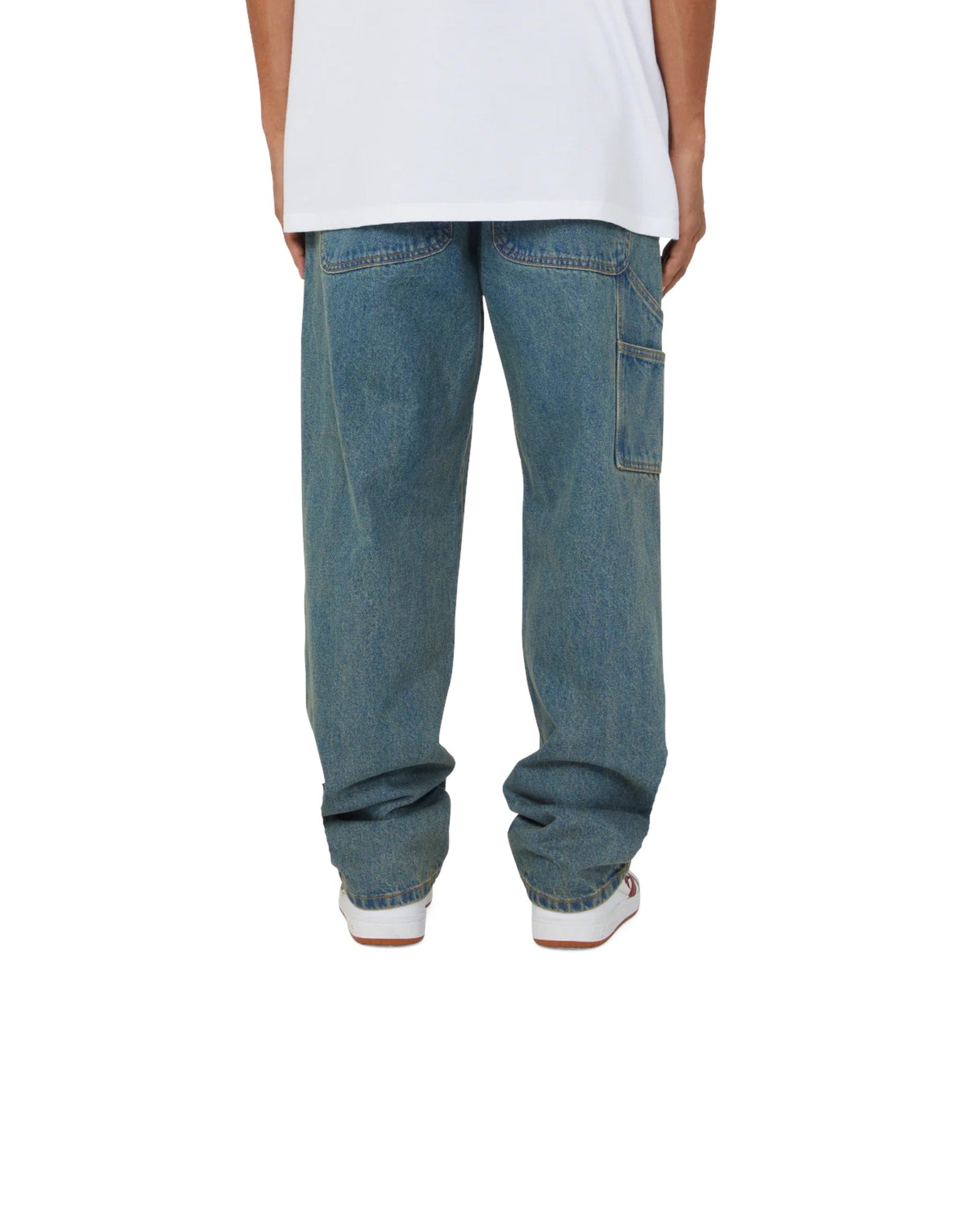 impostor.ro HUF Kinda Loose Double Knees jeans in dirty wash blue denim with carpenter pocket detail.