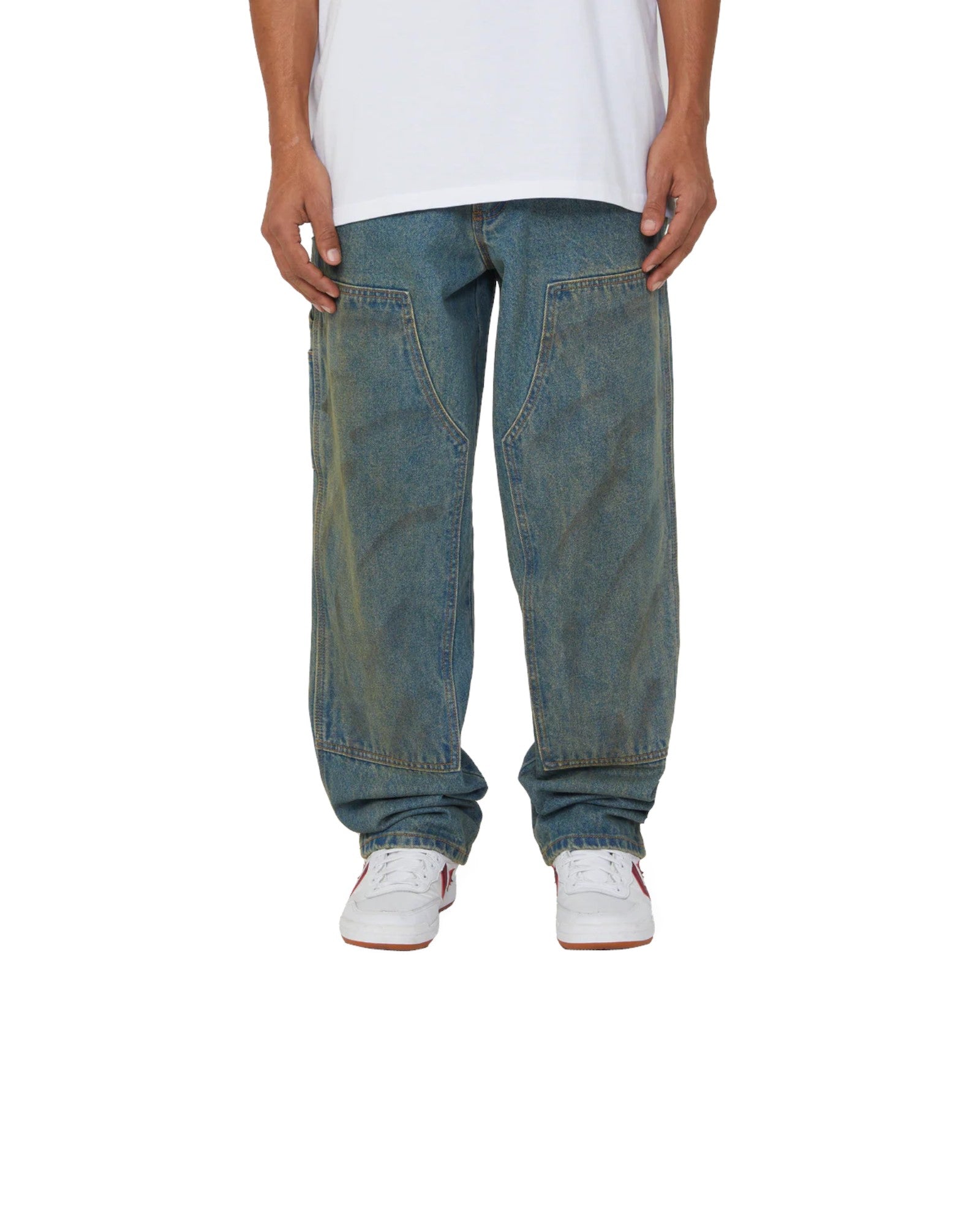 impostor.ro HUF Kinda Loose Double Knees jeans in dirty wash blue denim with a relaxed fit and double knee construction.