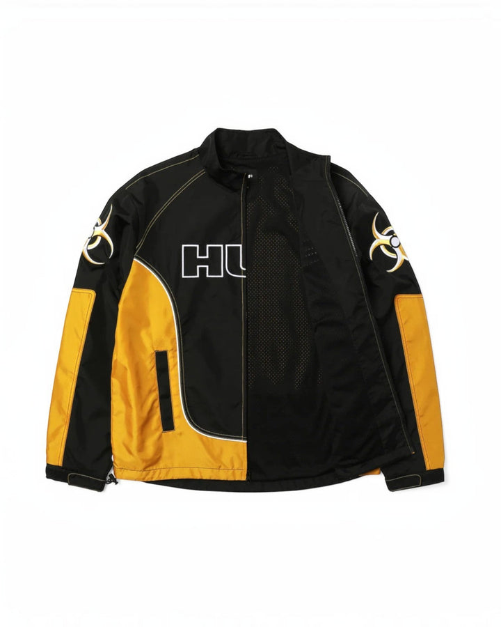 impostor.ro HUF Sector Jacket in black and yellow with biohazard logos on sleeves and large HUF logo on chest.